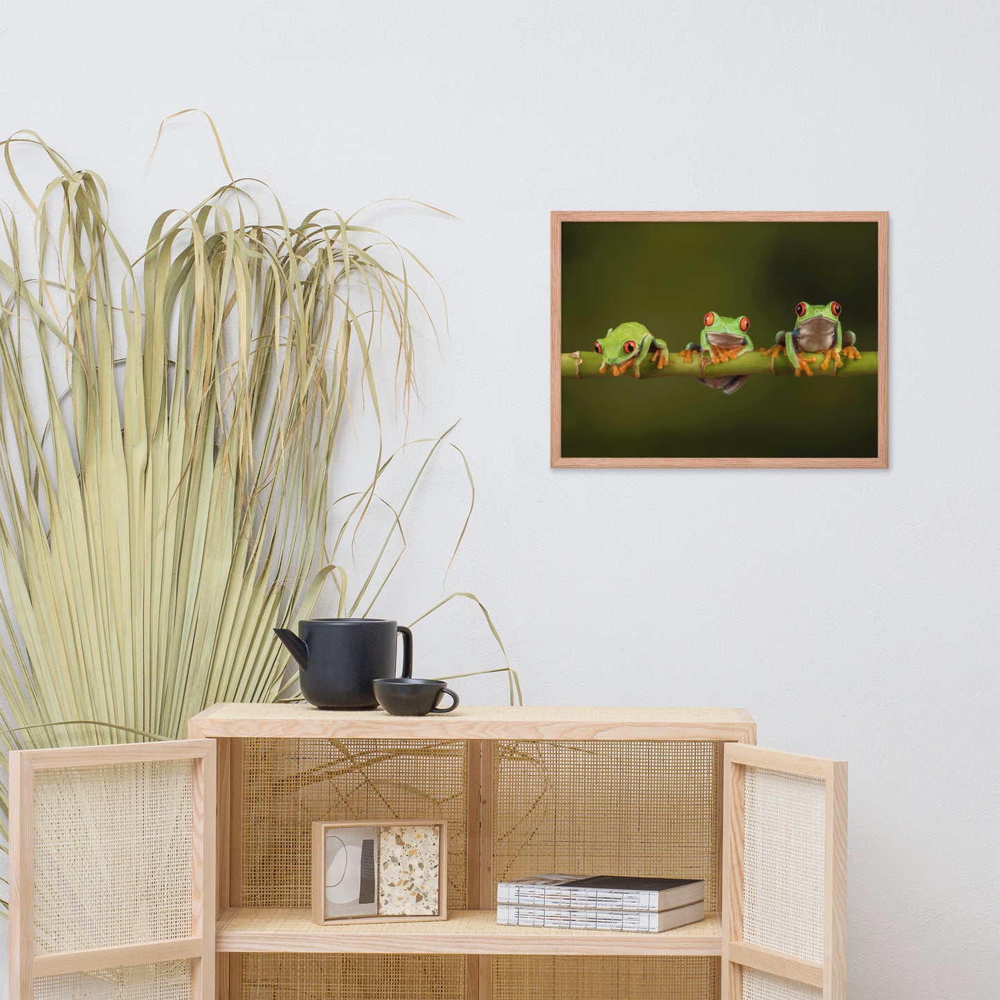 Three Tiny Green Red Eyed Tree Frog on Bamboo Animal Wildlife Photograph Framed Wall Art Prints