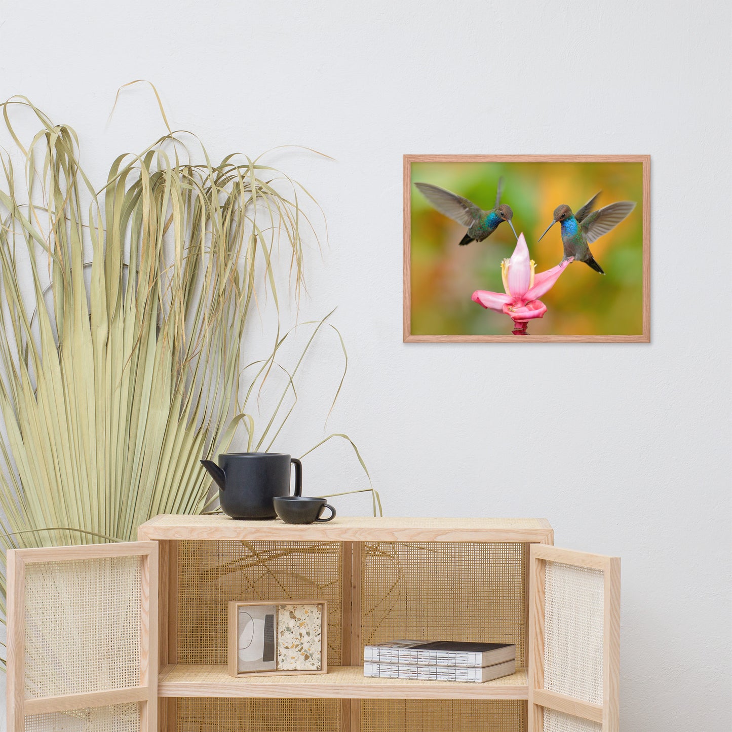 Hummingbirds with Pink Flower Bloom Animal Wildlife Photograph Framed Wall Art Print