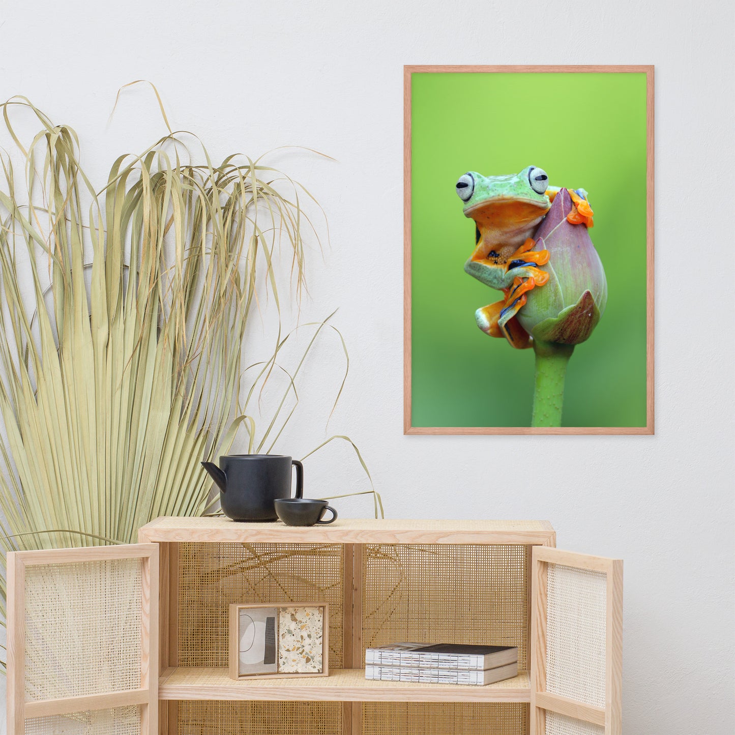 Tiny Green Tree Frog on Lotus Bloom Animal Wildlife Floral Nature Photograph Framed Wall Art Prints