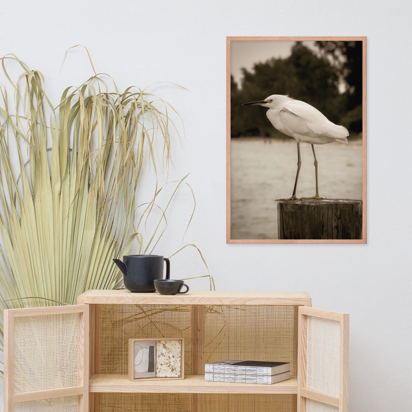 Executive Office Wall Decor: White Snowy Egret Sepia Coastal Bird / Animal / Wildlife / Nature Photographic Artwork - Framed Artwork - Wall Decor
