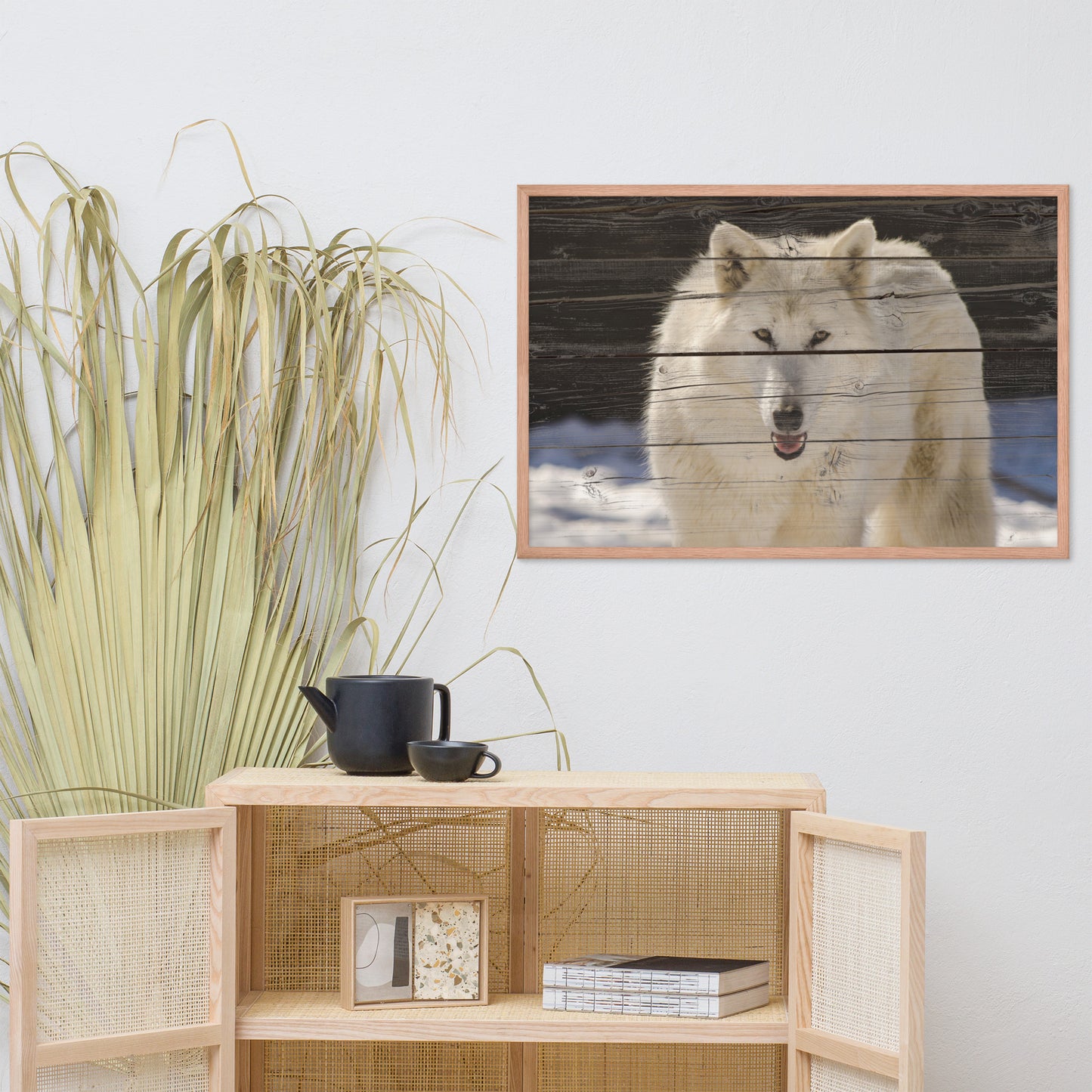 Large Framed Art For Dining Room: White Wolf Portrait on Faux Weathered Wood Texture - Animal / Wildlife / Nature Photographic Framed Artwork - Wall Decor