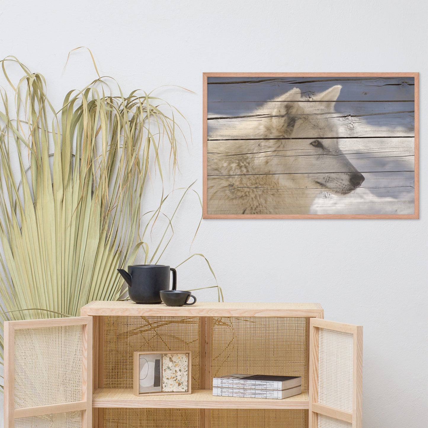 Large Entryway Artwork: Aries the White Wolf Portrait on Faux Weathered Wood Texture / Animal / Wildlife / Nature Photographic Artwork - Framed Artwork - Wall Decor