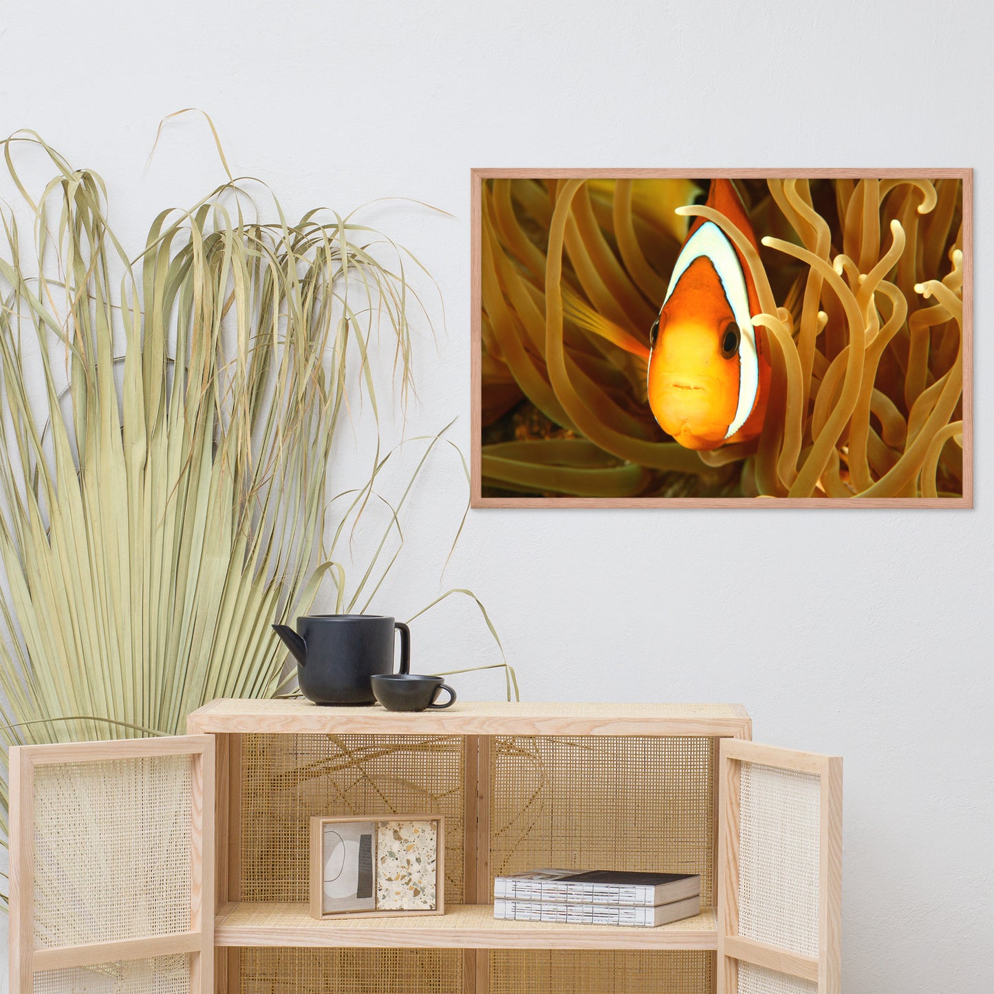 Close-up Orange Tropical Clownfish Face in Coral Animal Wildlife Photograph Framed Wall Art Print