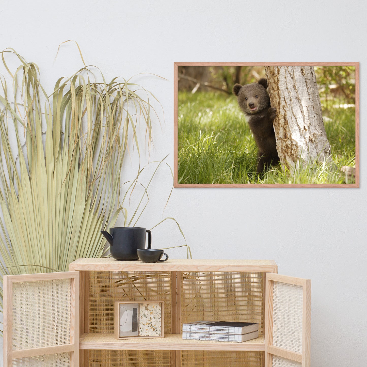 Cute Baby Grizzly Bear Cub Behind Tree in Meadow Animal Wildlife Photograph Framed Wall Art Prints