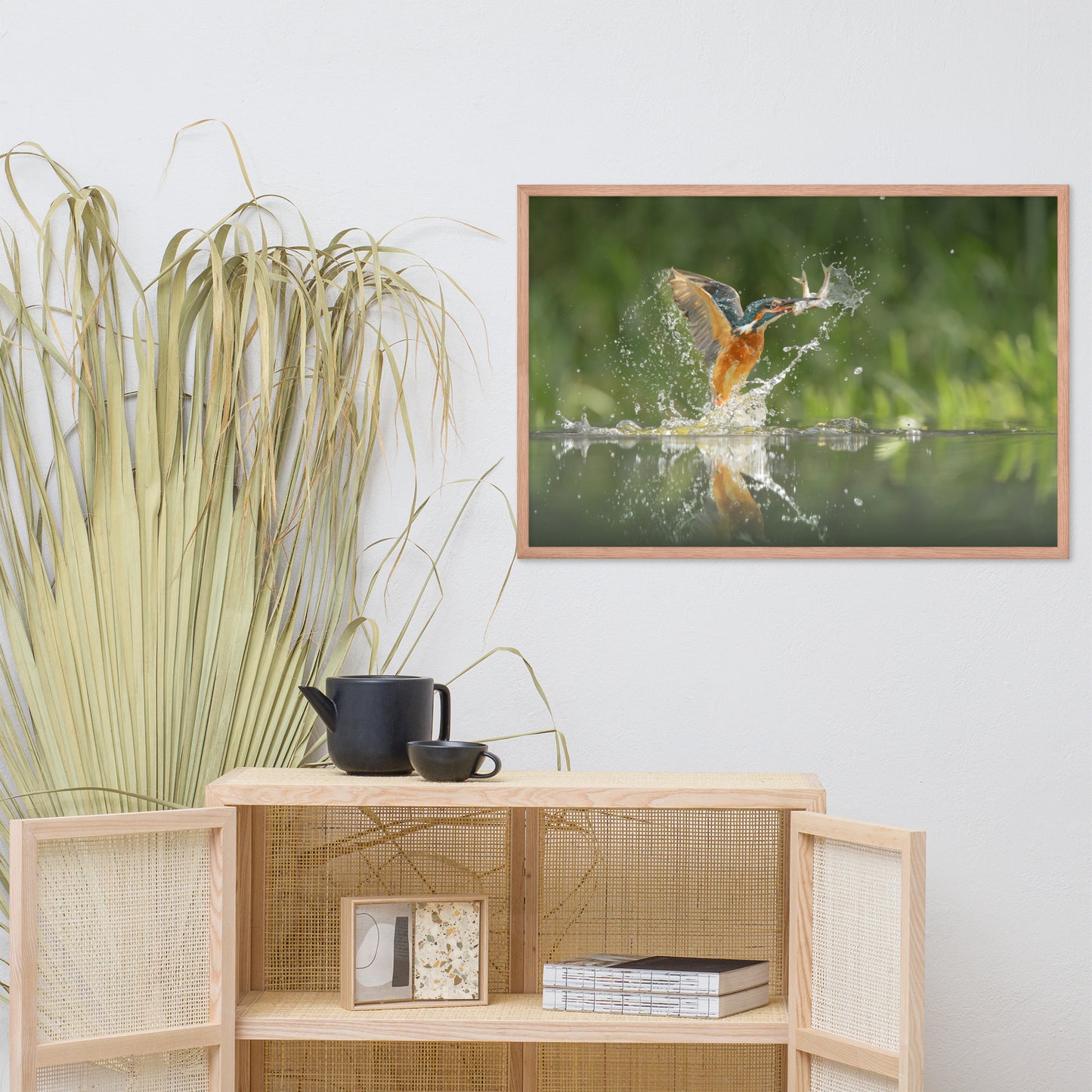 Flying Turquoise Blue and Orange Common Kingfisher Bird With Fish Animal Wildlife Photograph Framed Wall Art Prints