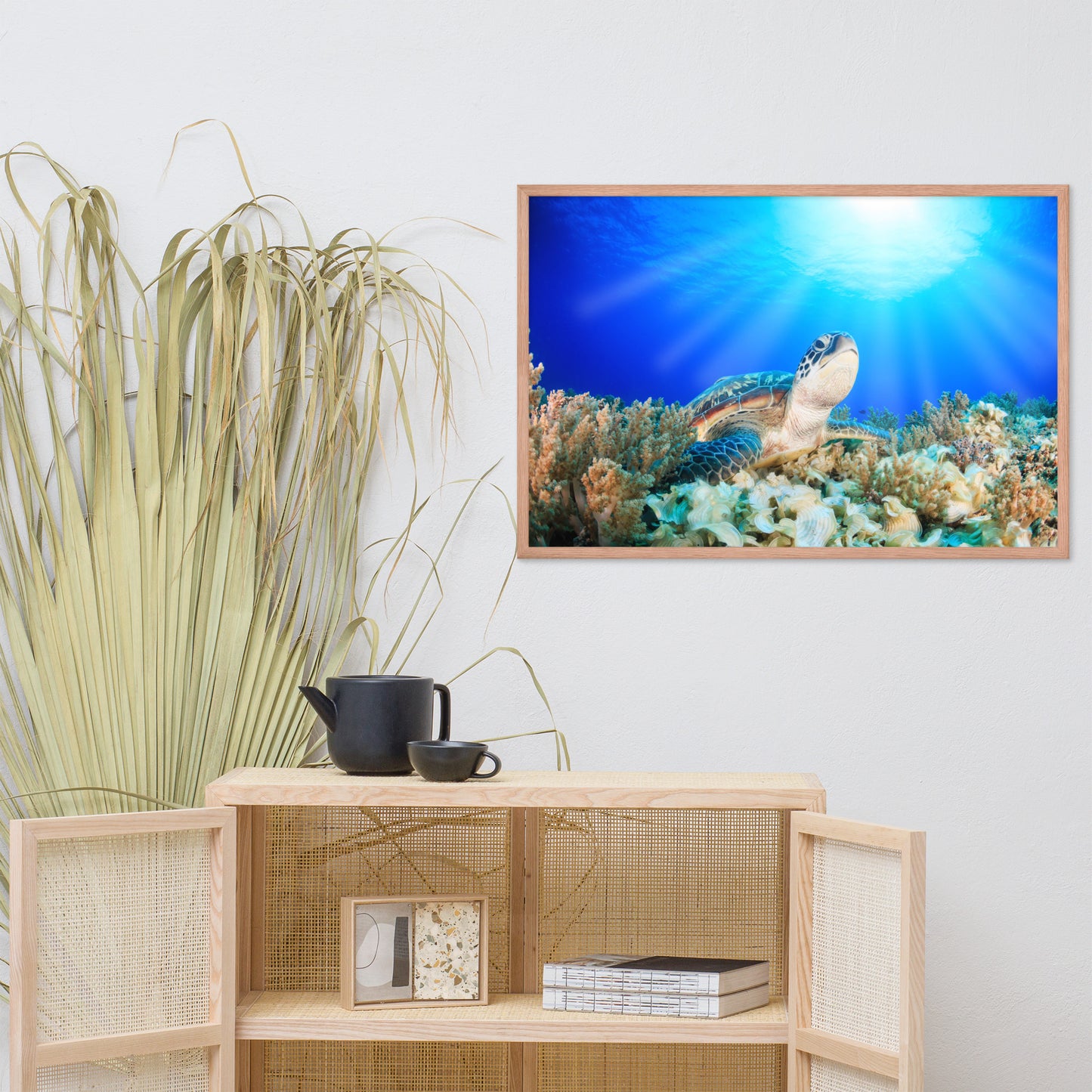 Green Sea Turtle in Tropical Coral Reef and Sunbeams Animal Wildlife Photograph Framed Wall Art Print
