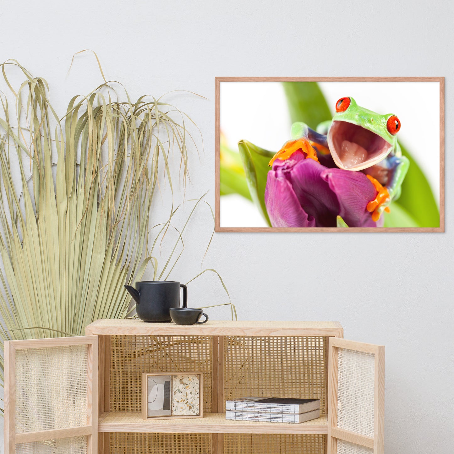 Happy Red Eyed Tree Frog Sitting on Purple Tulip Flower Bloom Wildlife Nature Photo Framed Wall Art Print
