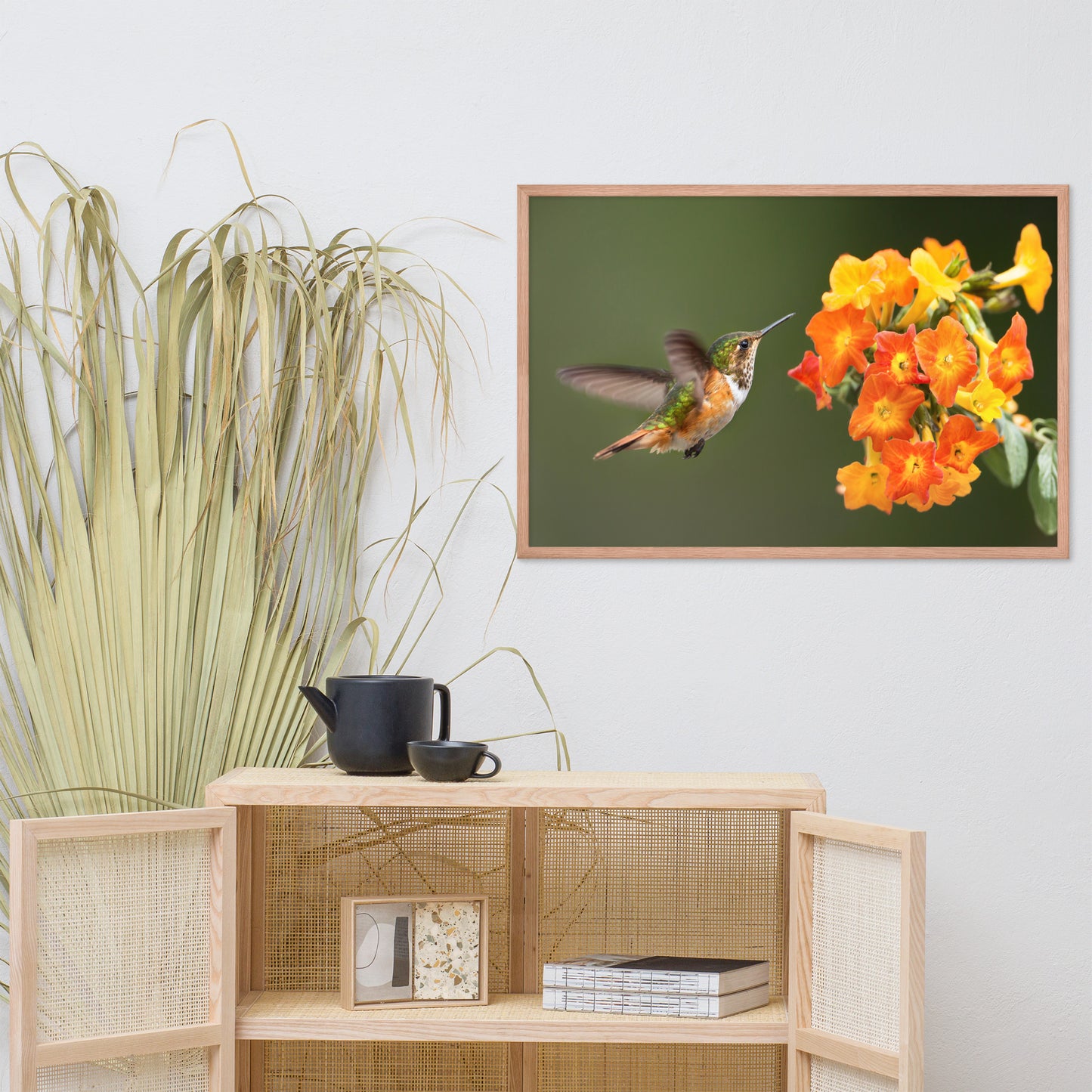 Hummingbird with Little Yellow-Orange Flowers Animal Wildlife Photograph Framed Wall Art Prints