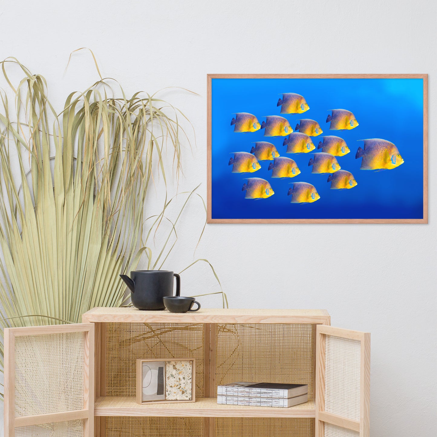 School of Tropical Coral Fish Angelfish Isolated in Blue Ocean Water Animal Wildlife Photograph Framed Wall Art Prints