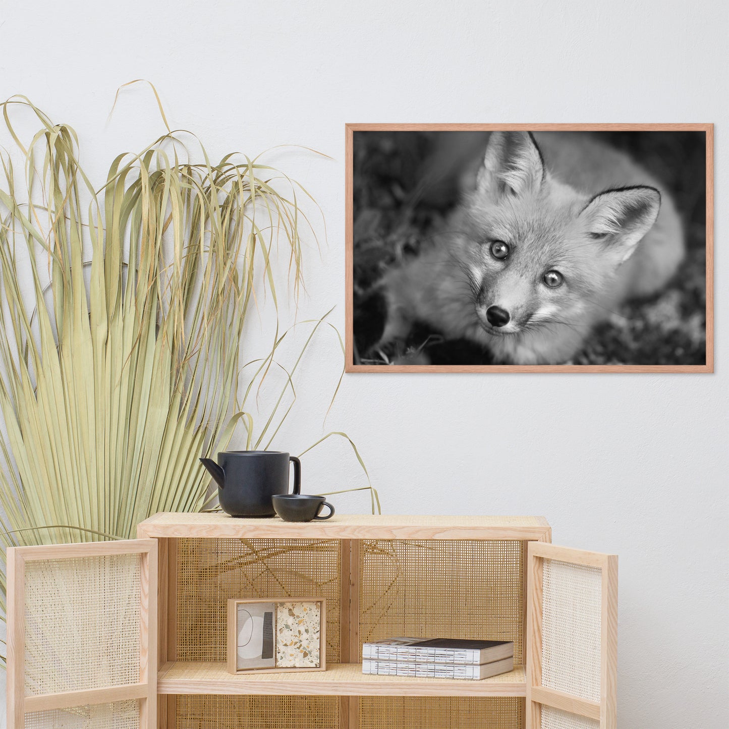 Young Red Fox Face Black and White Animal Wildlife Nature Photograph Framed Wall Art Prints