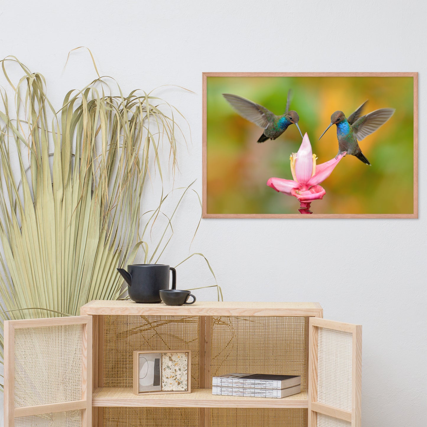 Hummingbirds with Pink Flower Bloom Animal Wildlife Photograph Framed Wall Art Print