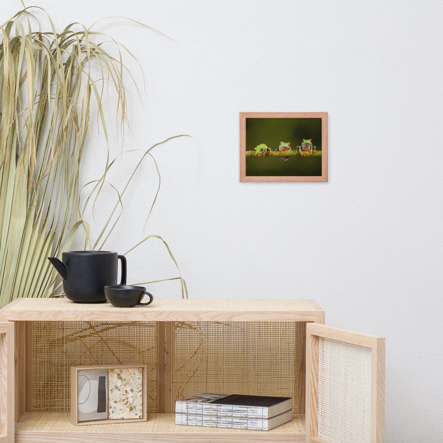 Three Tiny Green Red Eyed Tree Frog on Bamboo Animal Wildlife Photograph Framed Wall Art Prints