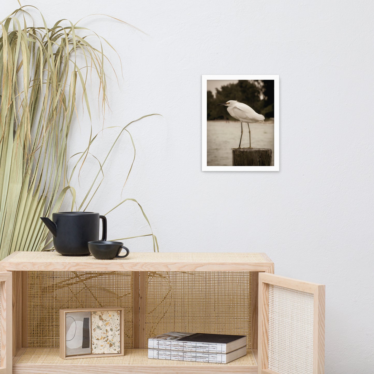 Financial Office Artwork: White Snowy Egret Sepia Coastal Bird / Animal / Wildlife / Nature Photographic Artwork - Framed Artwork - Wall Decor