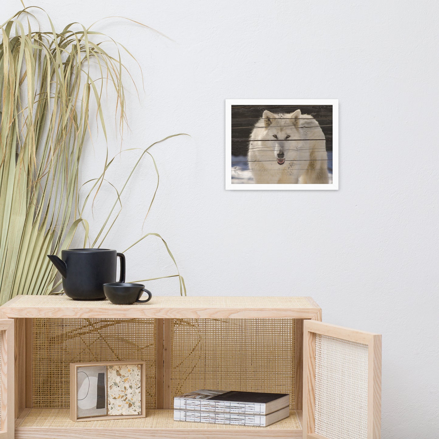 Kitchen And Dining Wall Decor: White Wolf Portrait on Faux Weathered Wood Texture - Animal / Wildlife / Nature Photographic Framed Artwork - Wall Decor