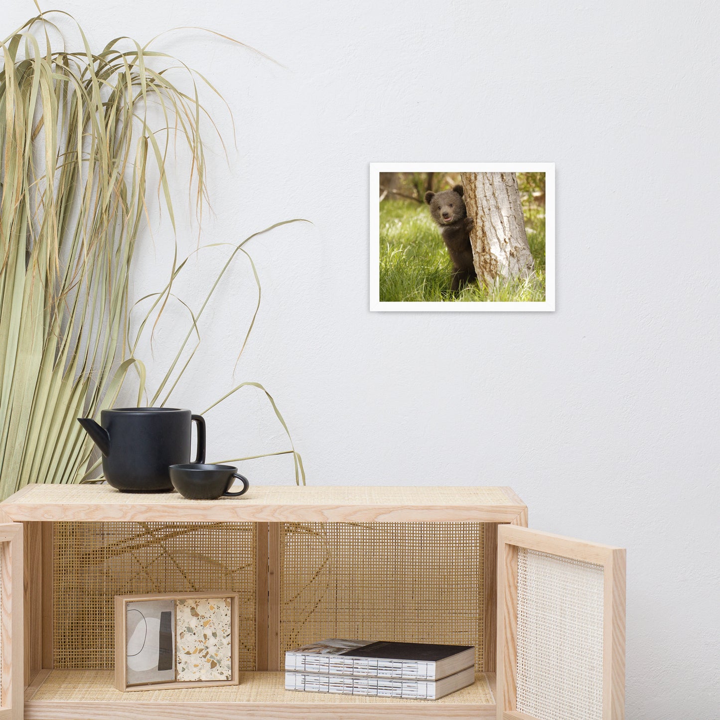Cute Baby Grizzly Bear Cub Behind Tree in Meadow Animal Wildlife Photograph Framed Wall Art Prints