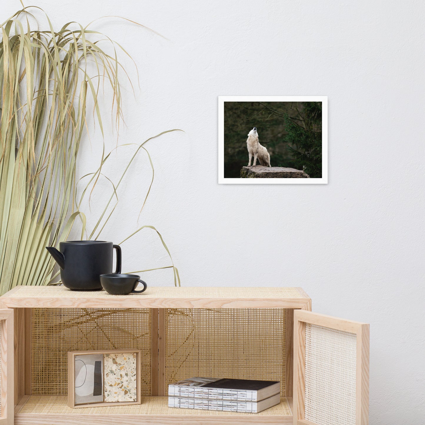 Howling White Wolf in the Forest Animal Wildlife Photograph Framed Wall Art Print