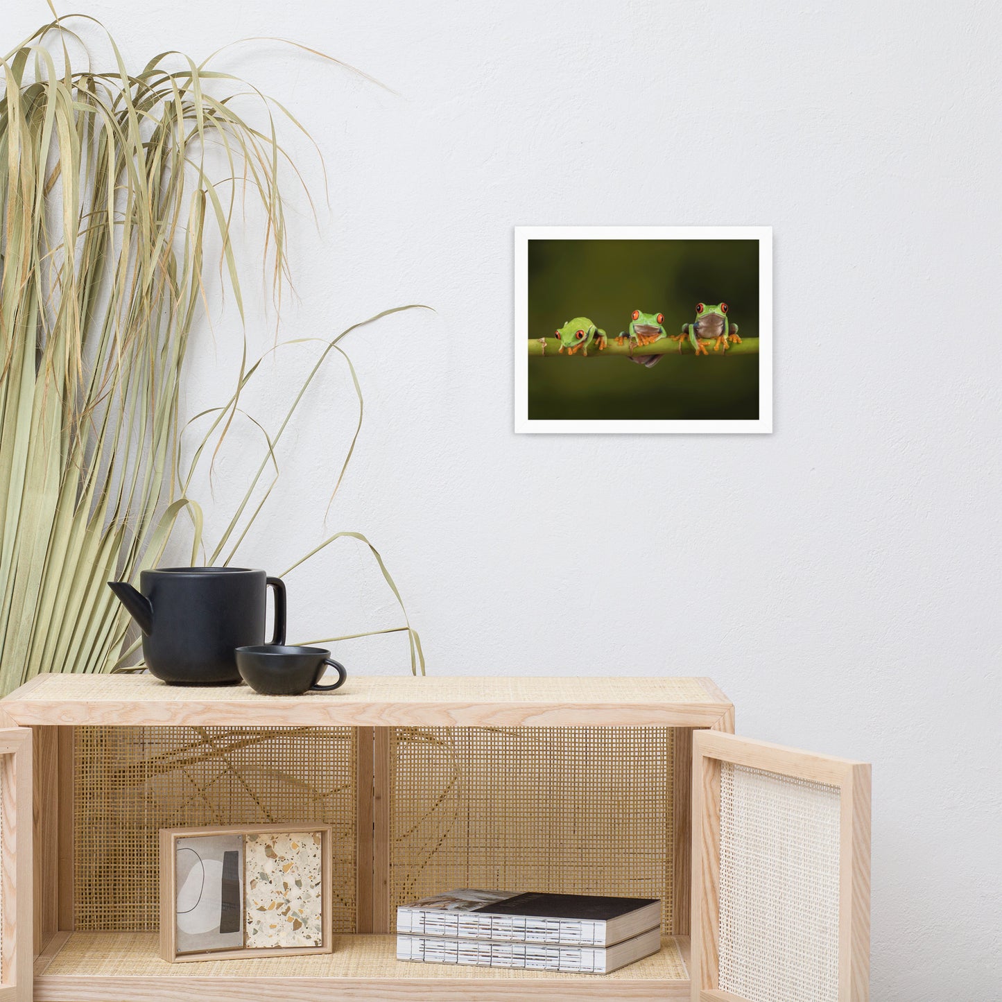 Three Tiny Green Red Eyed Tree Frog on Bamboo Animal Wildlife Photograph Framed Wall Art Prints