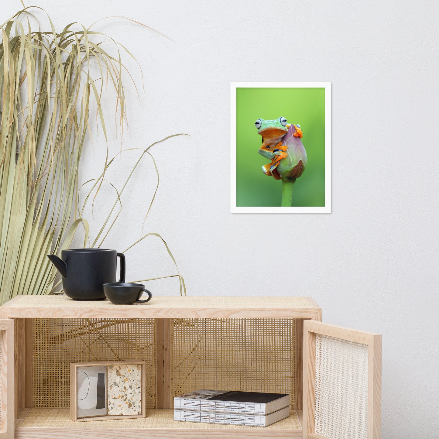 Tiny Green Tree Frog on Lotus Bloom Animal Wildlife Floral Nature Photograph Framed Wall Art Prints