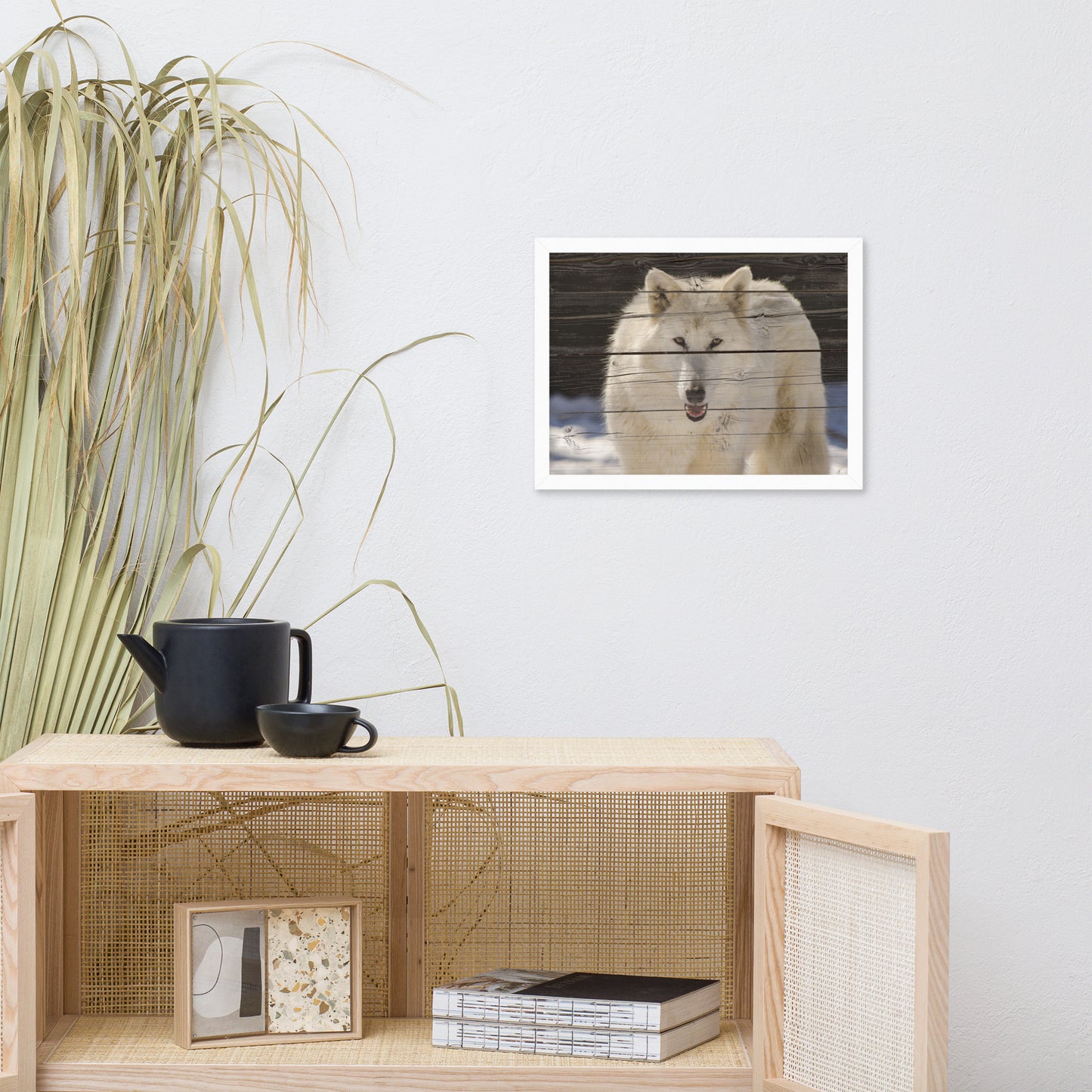 Pictures For The Dining Room Wall: White Wolf Portrait on Faux Weathered Wood Texture - Animal / Wildlife / Nature Photographic Framed Artwork - Wall Decor