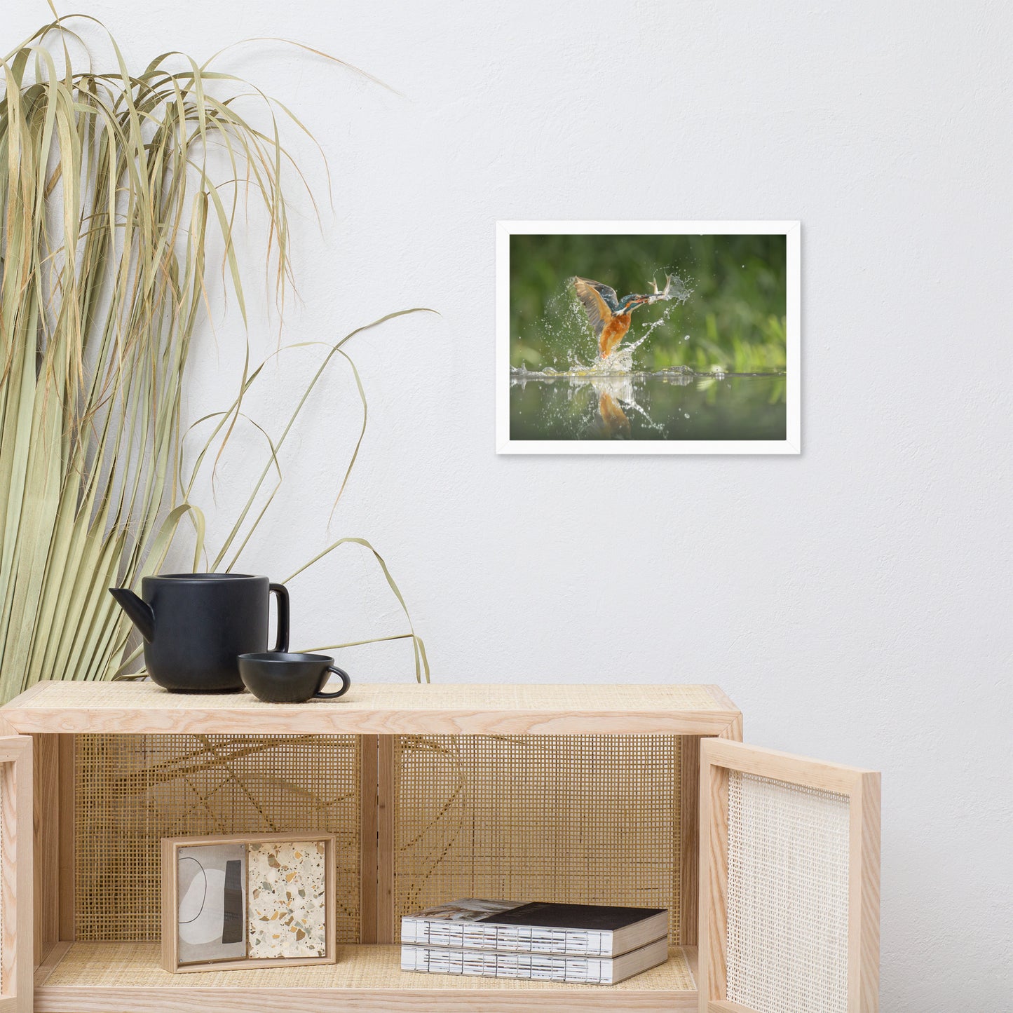 Flying Turquoise Blue and Orange Common Kingfisher Bird With Fish Animal Wildlife Photograph Framed Wall Art Prints