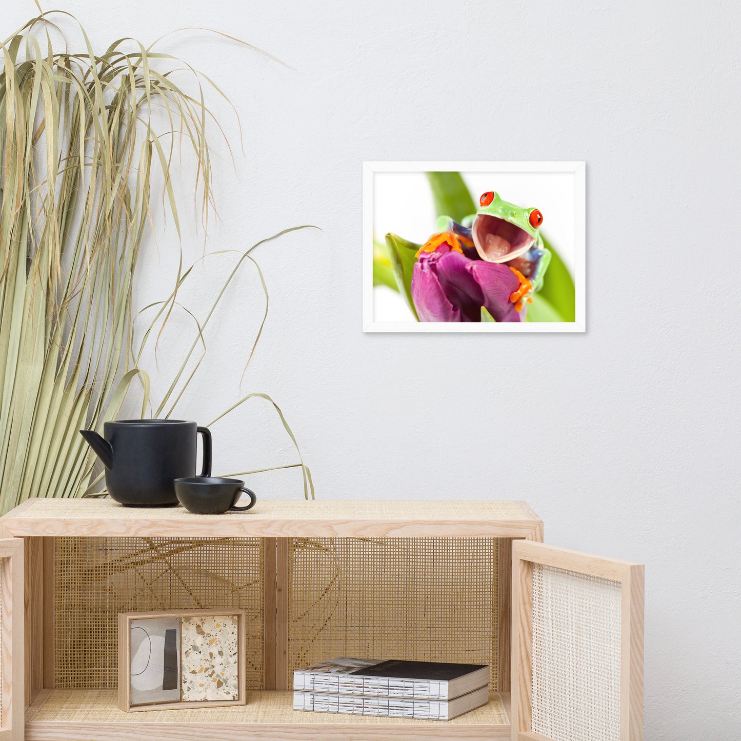 Happy Red Eyed Tree Frog Sitting on Purple Tulip Flower Bloom Wildlife Nature Photo Framed Wall Art Print