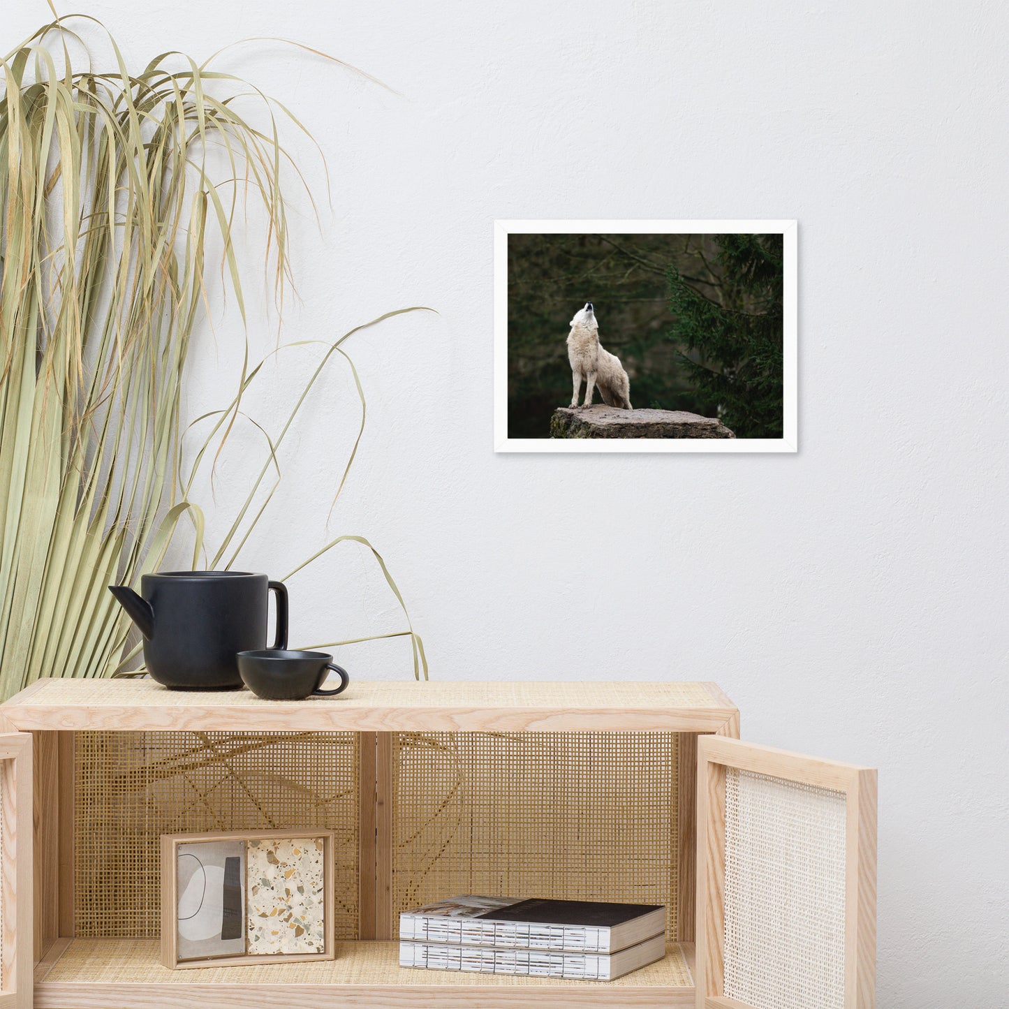 Howling White Wolf in the Forest Animal Wildlife Photograph Framed Wall Art Print