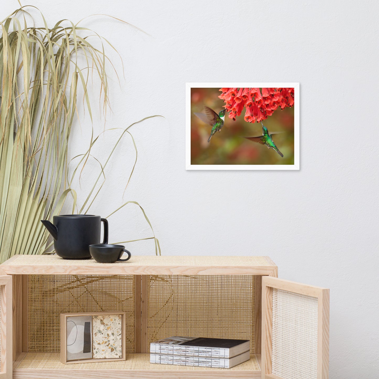 Hummingbirds with Reddish-Orange Flowers Animal Wildlife Photograph Framed Wall Art Prints