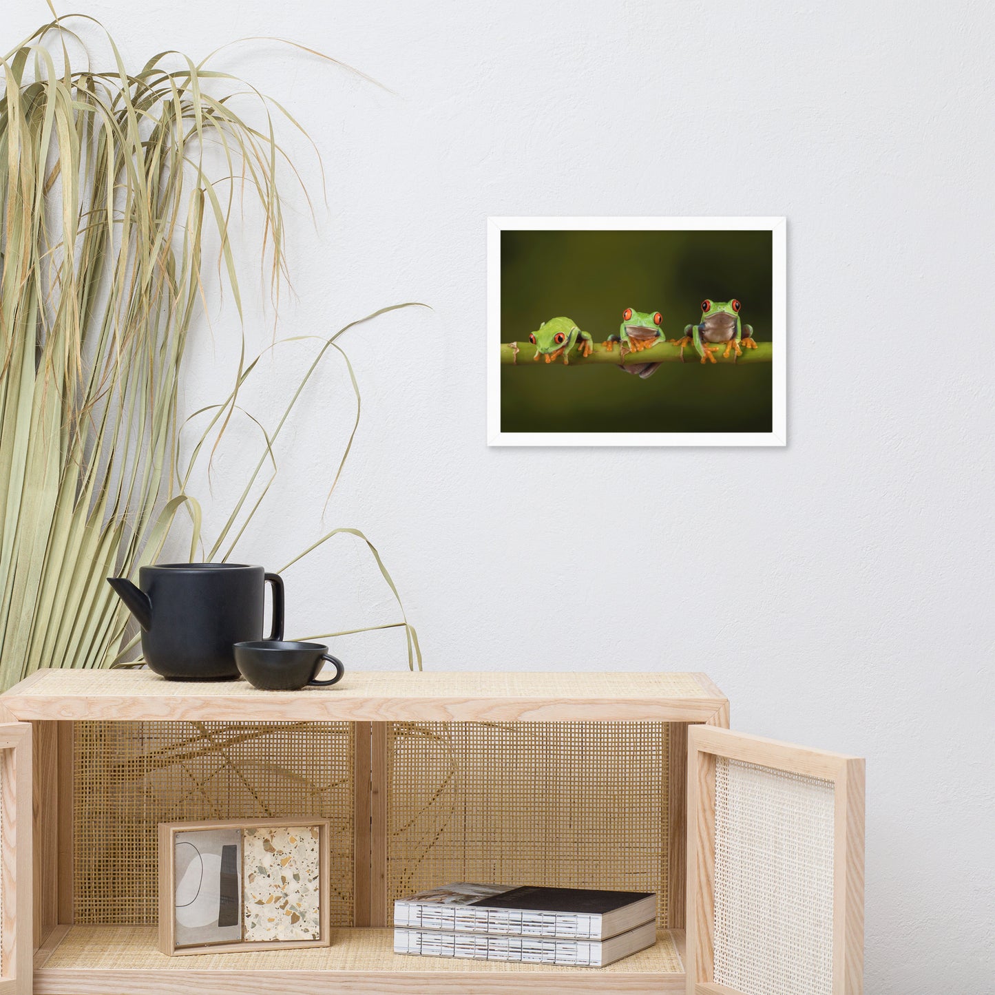 Three Tiny Green Red Eyed Tree Frog on Bamboo Animal Wildlife Photograph Framed Wall Art Prints