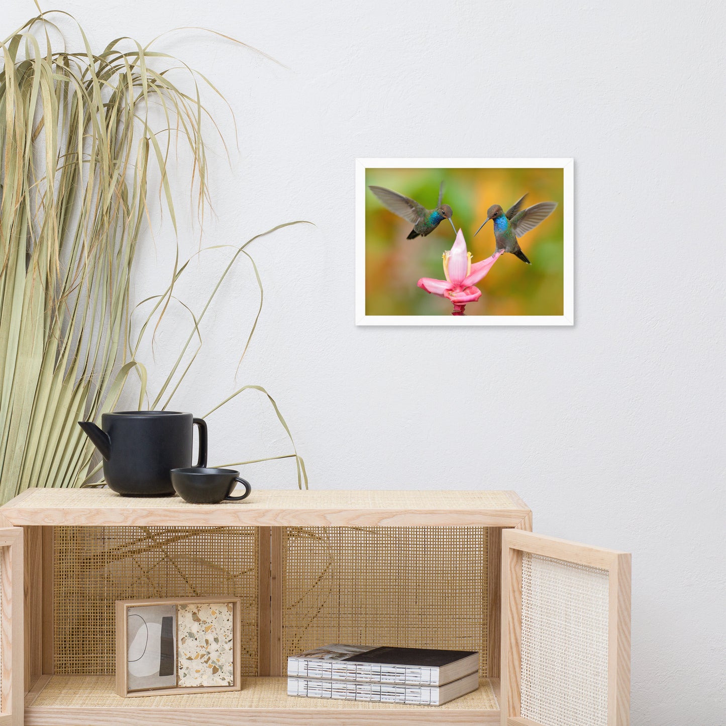 Hummingbirds with Pink Flower Bloom Animal Wildlife Photograph Framed Wall Art Print