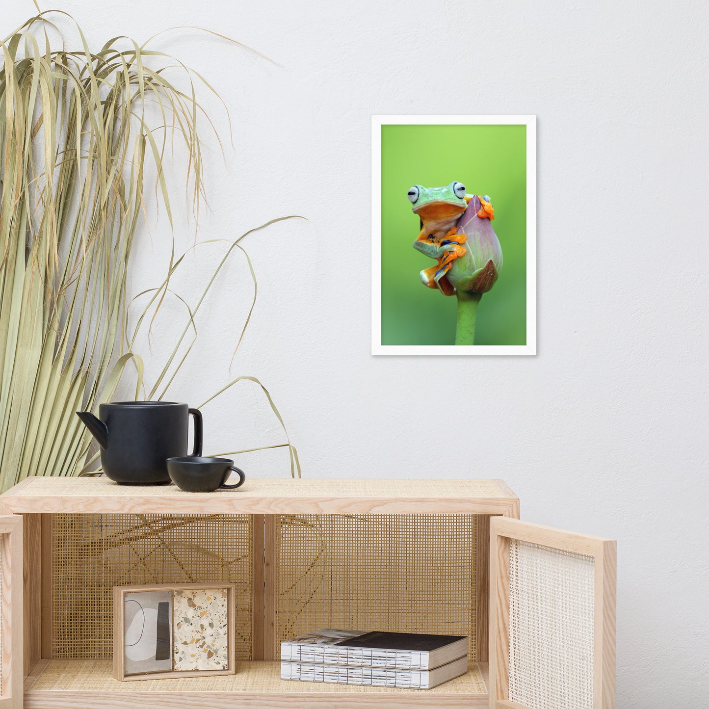 Tiny Green Tree Frog on Lotus Bloom Animal Wildlife Floral Nature Photograph Framed Wall Art Prints