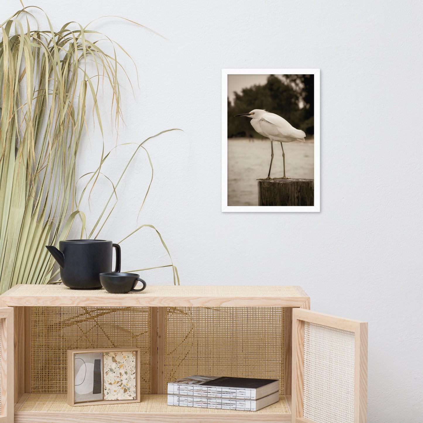 Great Office Wall Art: White Snowy Egret Sepia Coastal Bird / Animal / Wildlife / Nature Photographic Artwork - Framed Artwork - Wall Decor