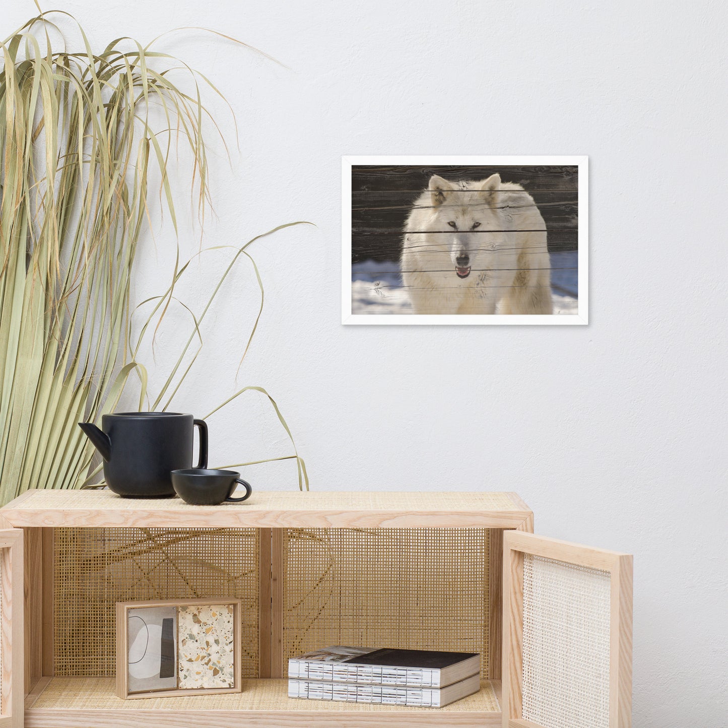 Simple Dining Room Wall Decor: White Wolf Portrait on Faux Weathered Wood Texture - Animal / Wildlife / Nature Photographic Framed Artwork - Wall Decor