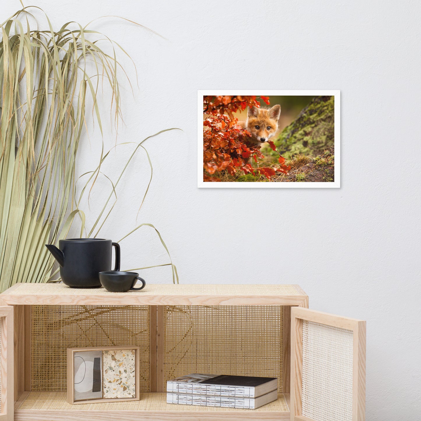 Nursery Animal Framed Prints: Peek-A-Boo Baby Fox Pup And Fall Leaves - Animal / Wildlife / Nature Artwork - Wall Decor - Framed Wall Art Print