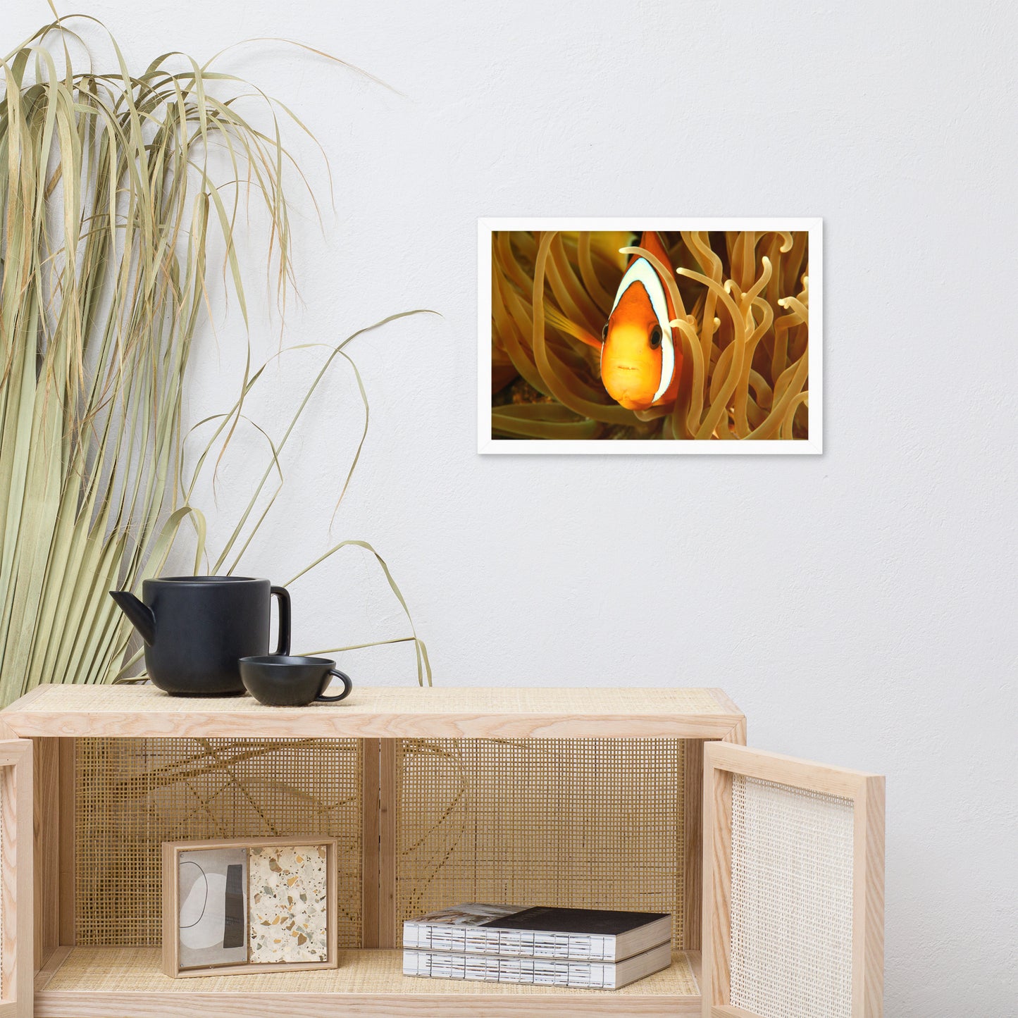 Close-up Orange Tropical Clownfish Face in Coral Animal Wildlife Photograph Framed Wall Art Print