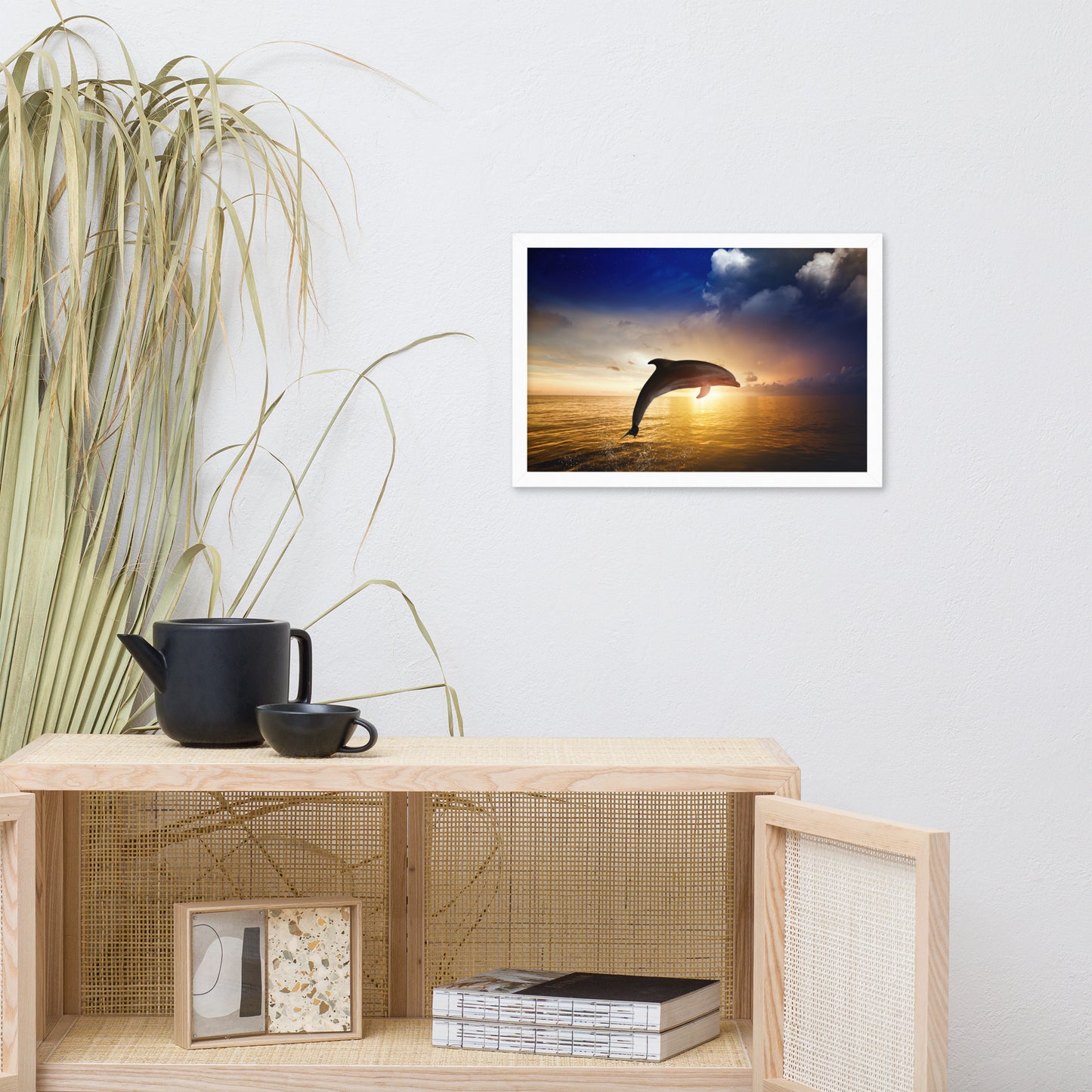 Dramatic Coastal Sunset on the Water with Jumping Bottle Noise Dolphin Animal Wildlife Photograph Framed Wall Art Print