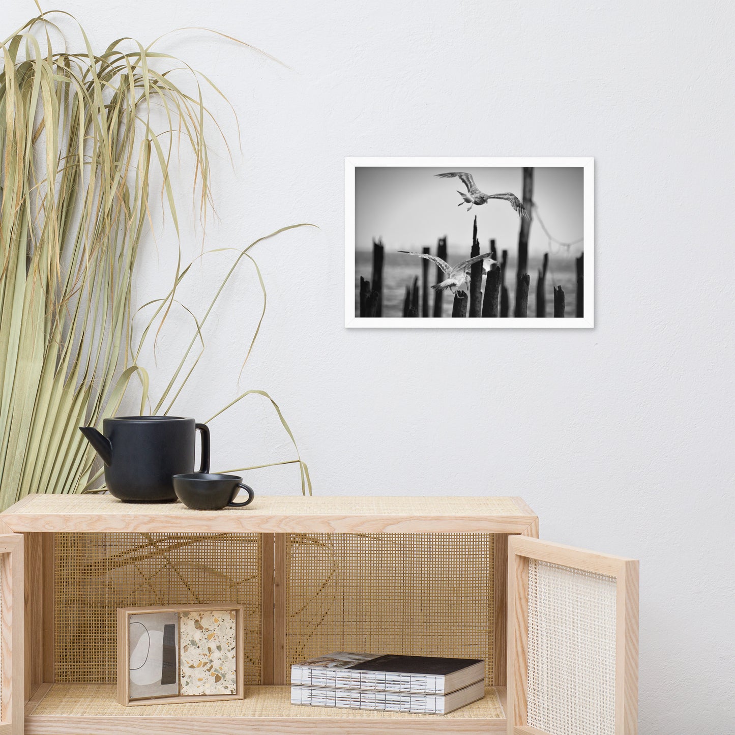 Flying Seagull in Black and White Animal Wildlife Photograph Framed Wall Art Prints
