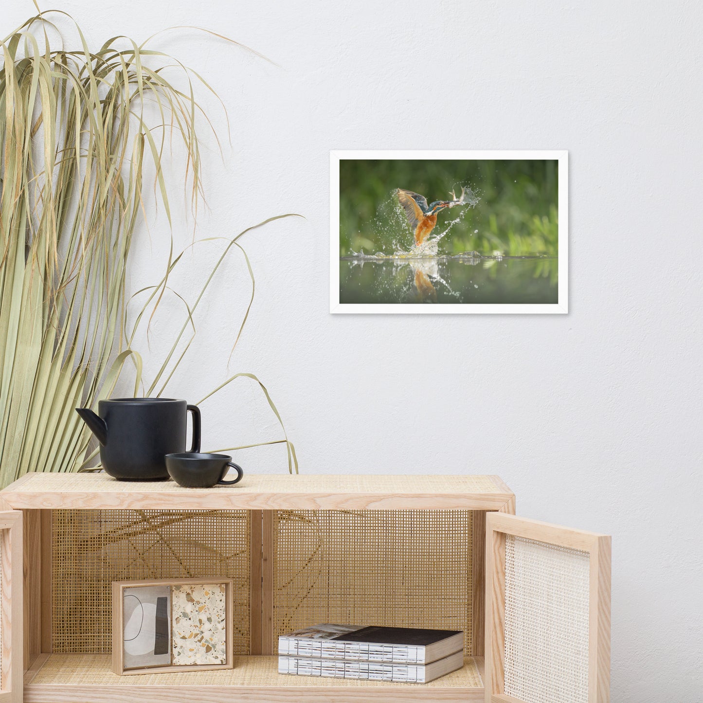 Flying Turquoise Blue and Orange Common Kingfisher Bird With Fish Animal Wildlife Photograph Framed Wall Art Prints