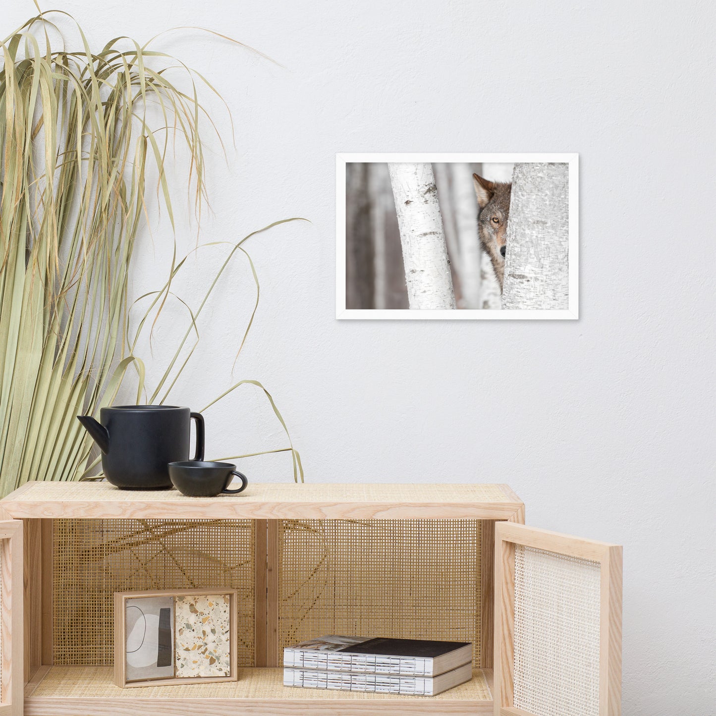 Hiding Wolf Behind Birch Tree in the Forest Animal Wildlife Nature Photograph Framed Wall Art Prints