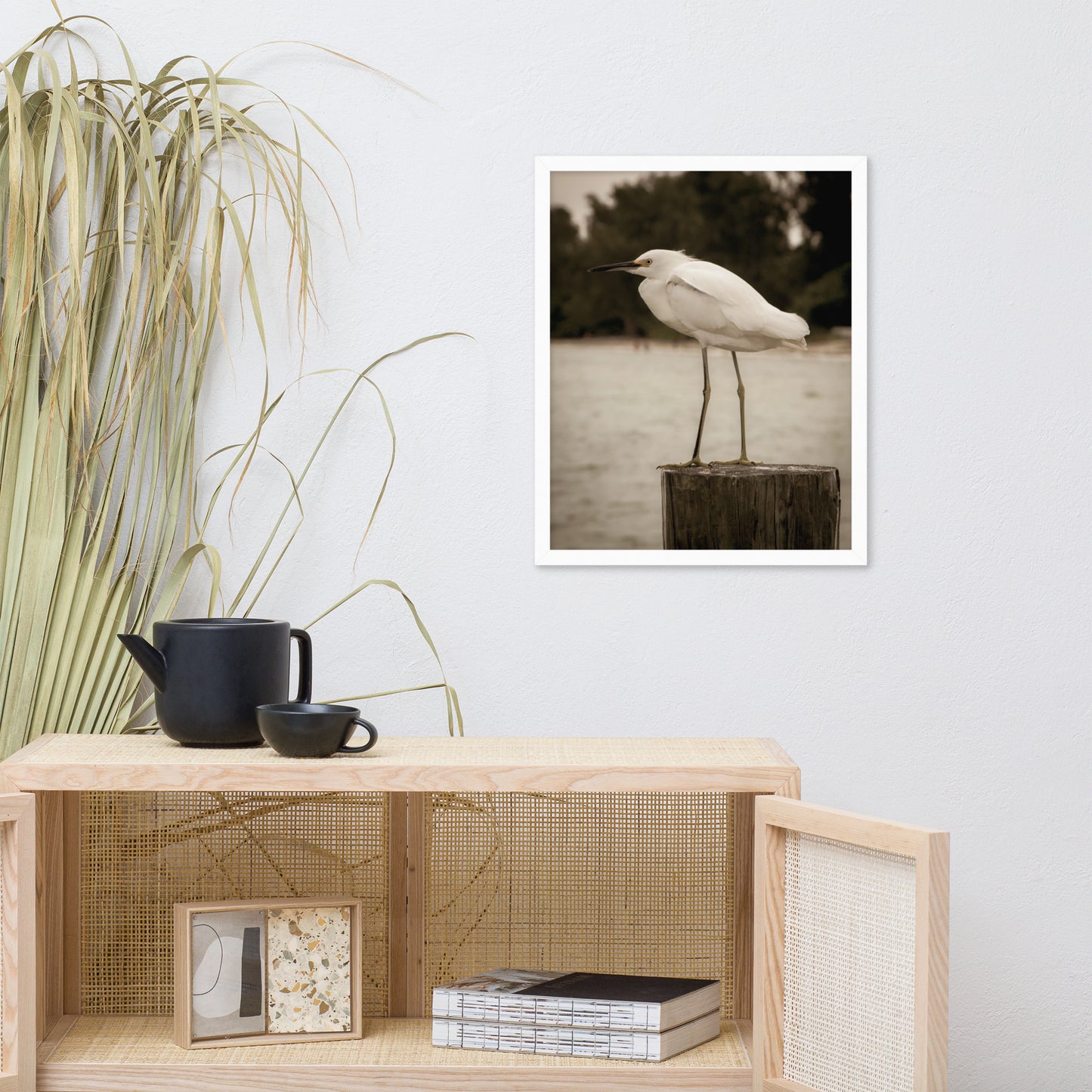 Hr Office Wall Art: White Snowy Egret Sepia Coastal Bird / Animal / Wildlife / Nature Photographic Artwork - Framed Artwork - Wall Decor