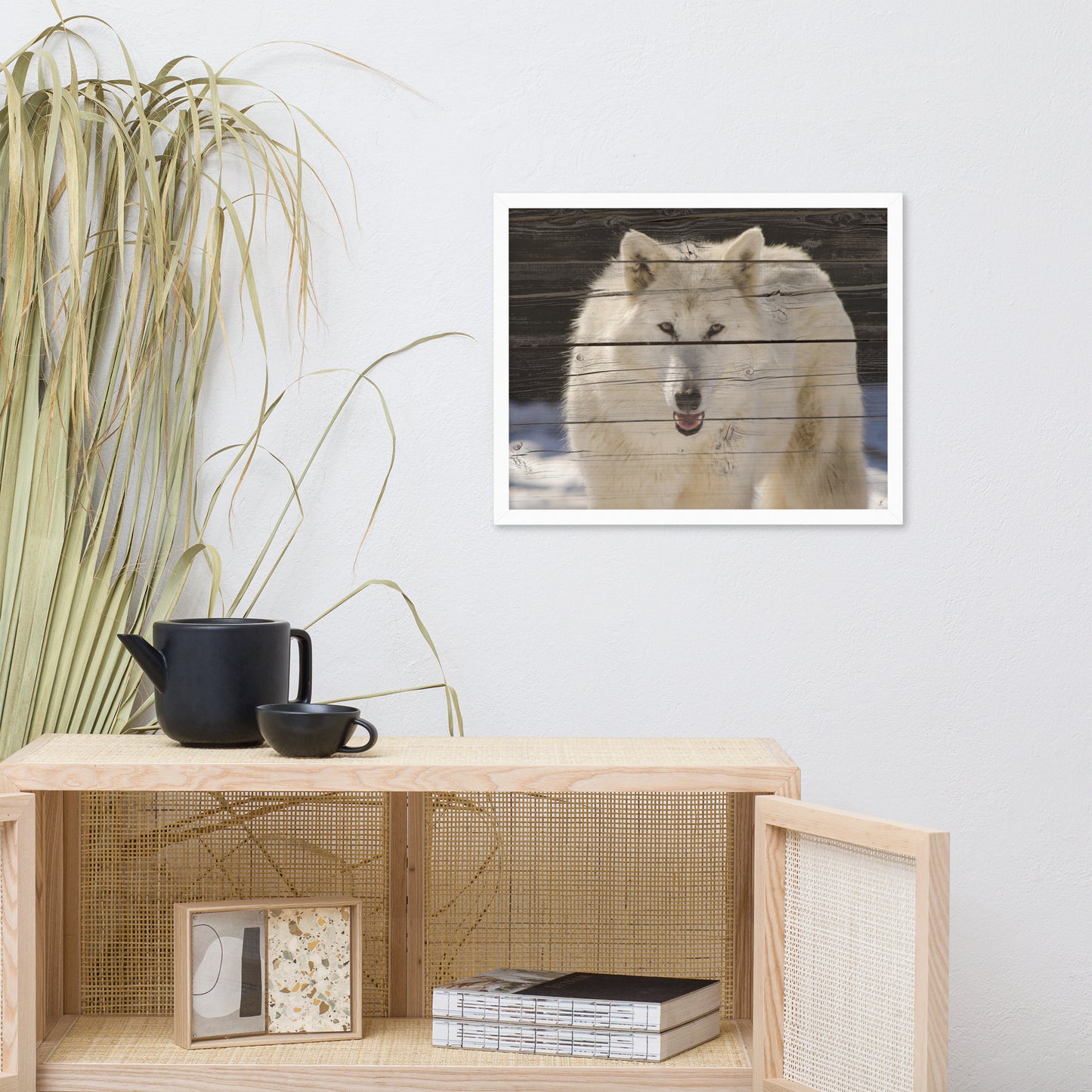 Unique Dining Room Wall Art: White Wolf Portrait on Faux Weathered Wood Texture - Animal / Wildlife / Nature Photographic Framed Artwork - Wall Decor