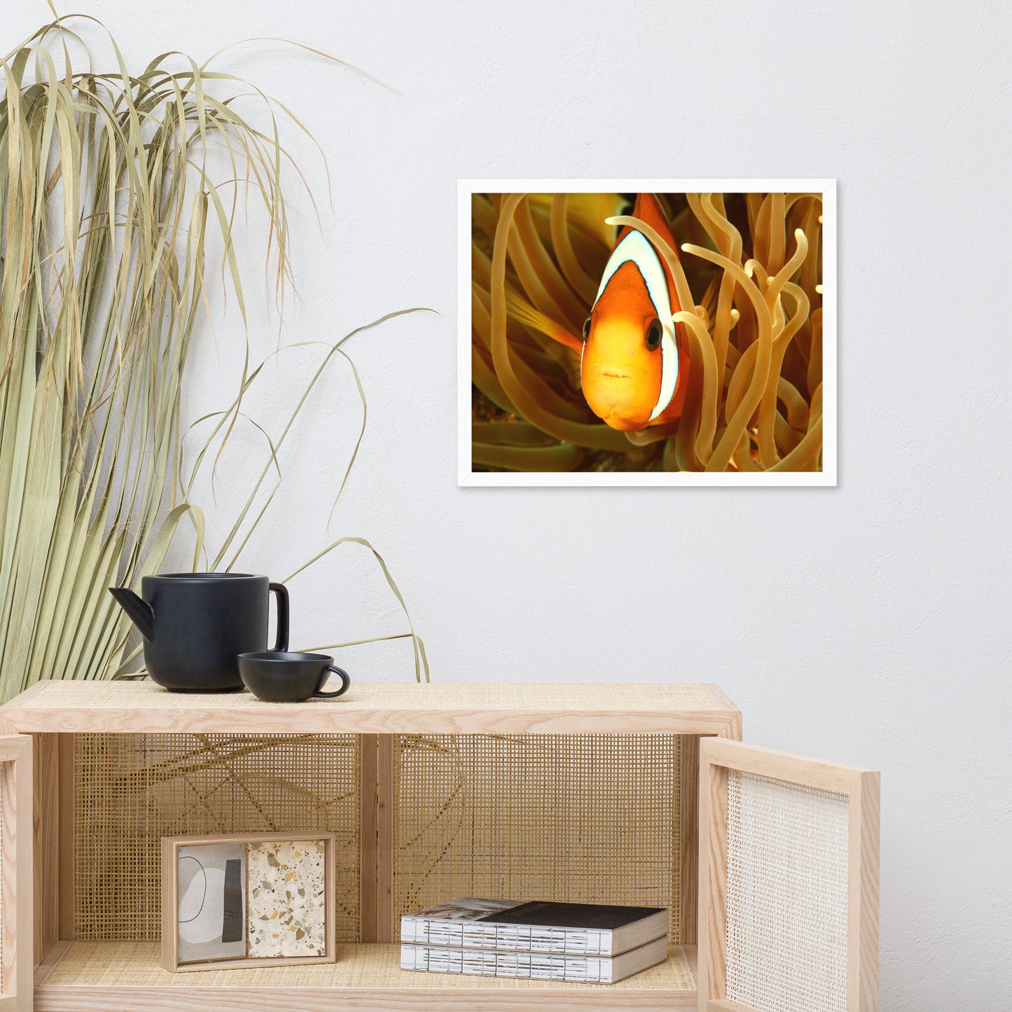 Close-up Orange Tropical Clownfish Face in Coral Animal Wildlife Photograph Framed Wall Art Print