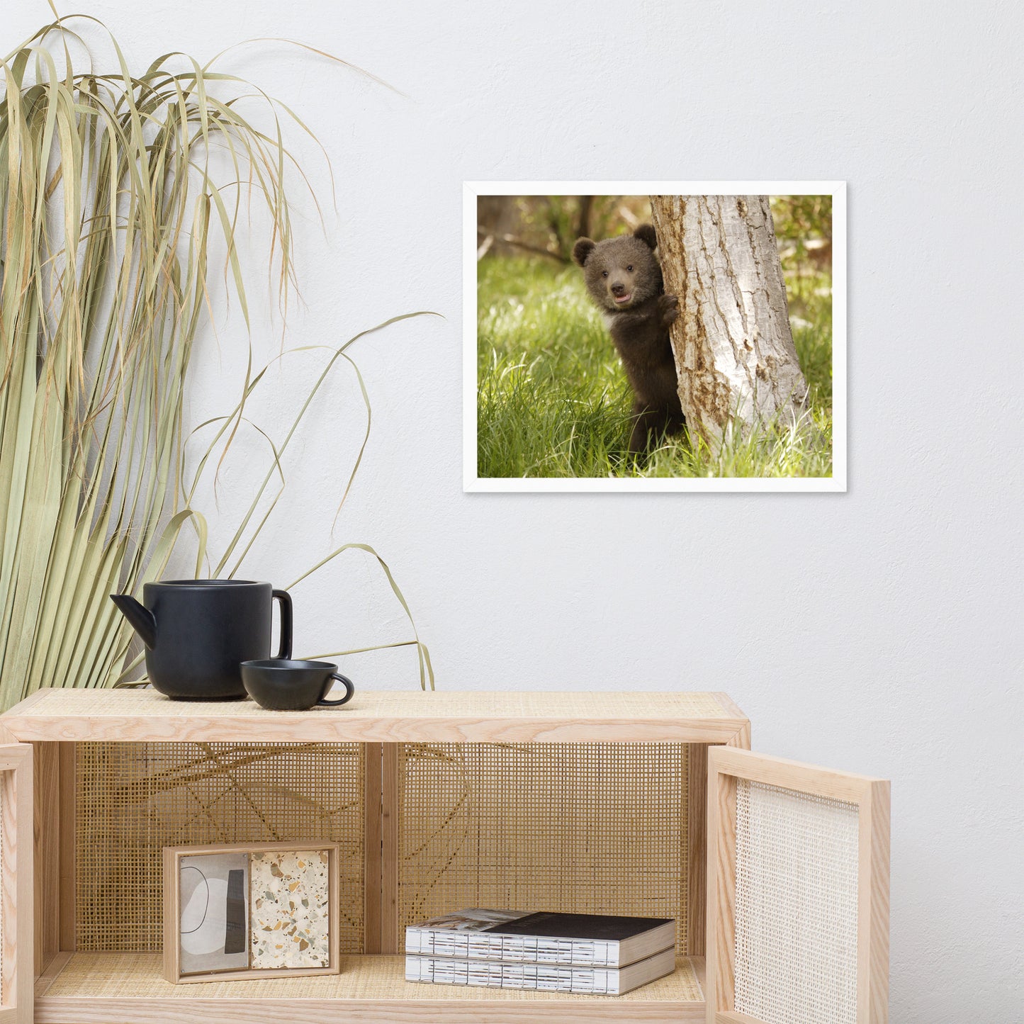 Cute Baby Grizzly Bear Cub Behind Tree in Meadow Animal Wildlife Photograph Framed Wall Art Prints