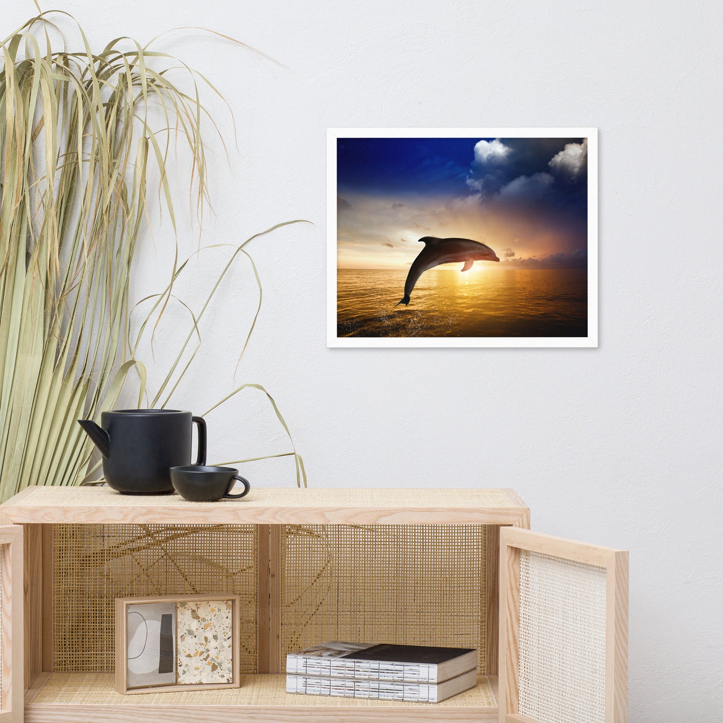Dramatic Coastal Sunset on the Water with Jumping Bottle Noise Dolphin Animal Wildlife Photograph Framed Wall Art Print