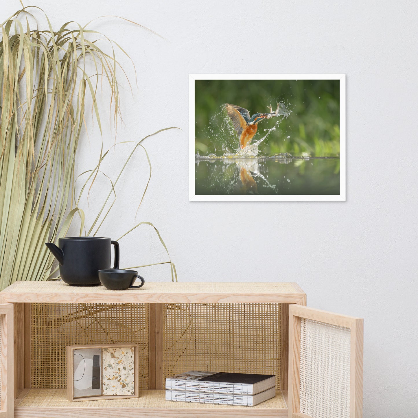 Flying Turquoise Blue and Orange Common Kingfisher Bird With Fish Animal Wildlife Photograph Framed Wall Art Prints