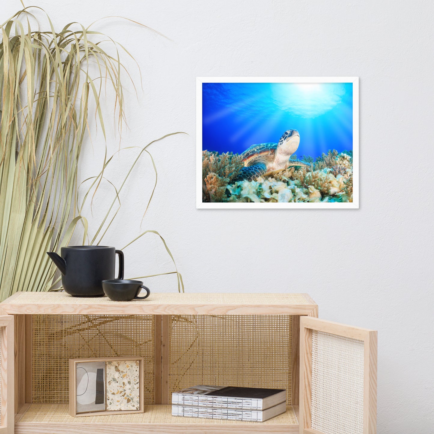 Green Sea Turtle in Tropical Coral Reef and Sunbeams Animal Wildlife Photograph Framed Wall Art Print