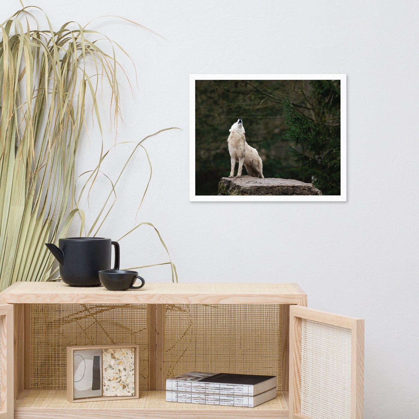 Howling White Wolf in the Forest Animal Wildlife Photograph Framed Wall Art Print