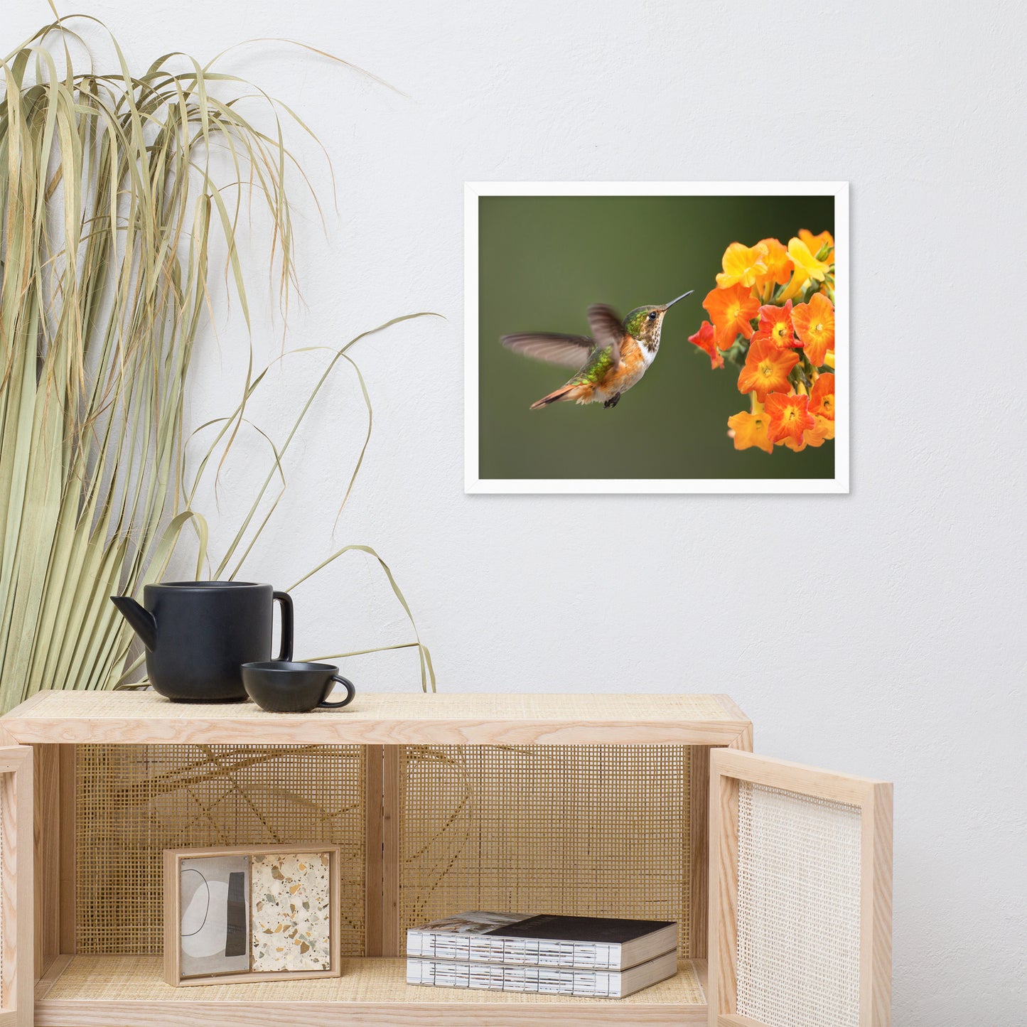Hummingbird with Little Yellow-Orange Flowers Animal Wildlife Photograph Framed Wall Art Prints