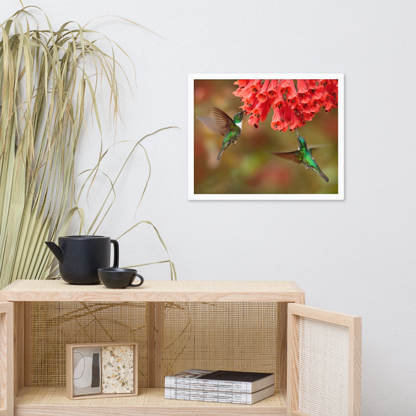 Hummingbirds with Reddish-Orange Flowers Animal Wildlife Photograph Framed Wall Art Prints