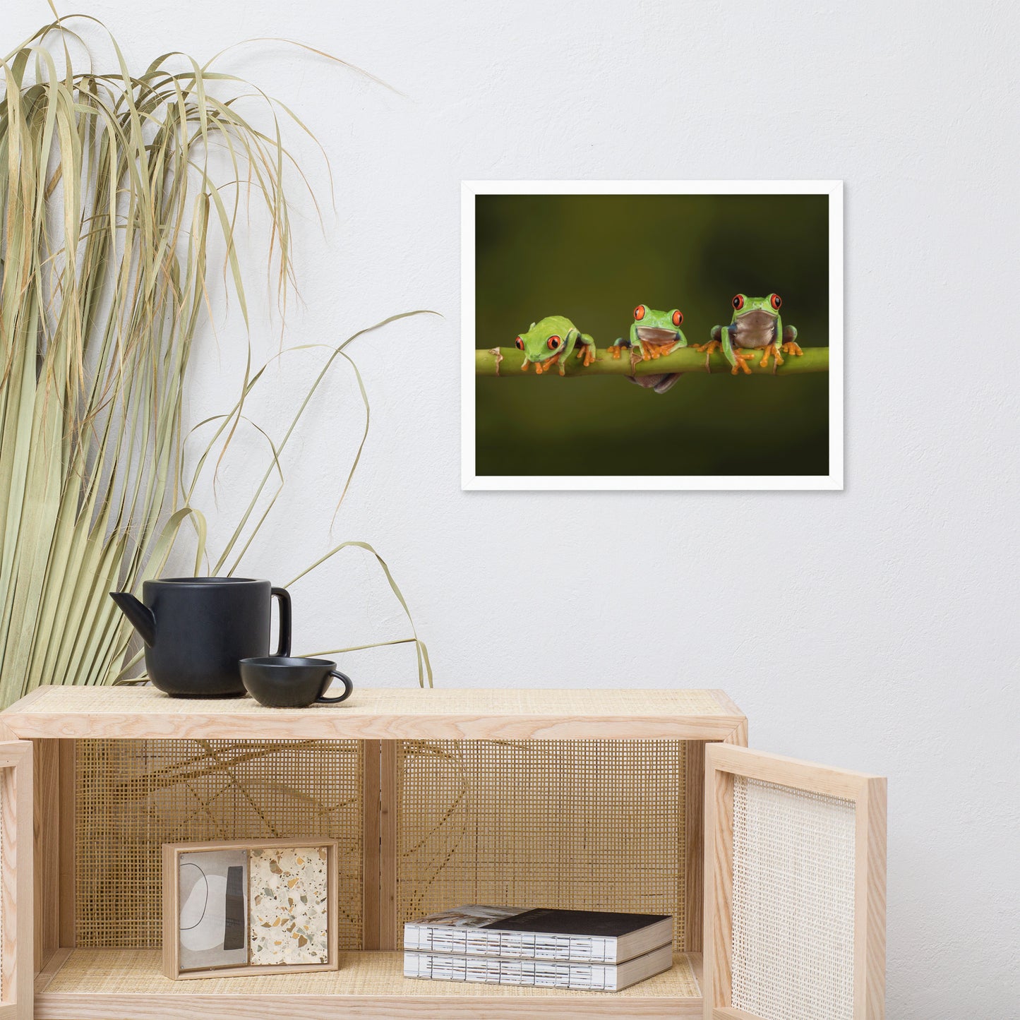 Three Tiny Green Red Eyed Tree Frog on Bamboo Animal Wildlife Photograph Framed Wall Art Prints