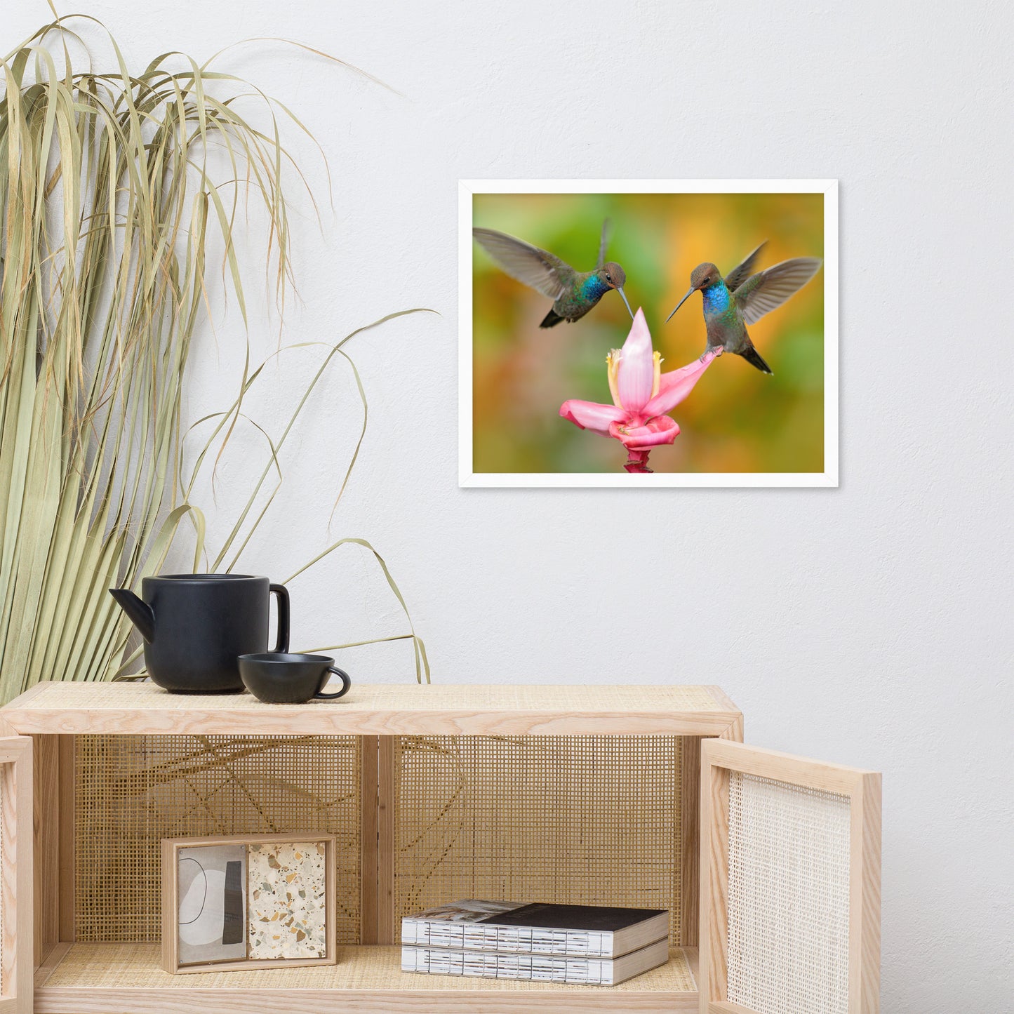 Hummingbirds with Pink Flower Bloom Animal Wildlife Photograph Framed Wall Art Print
